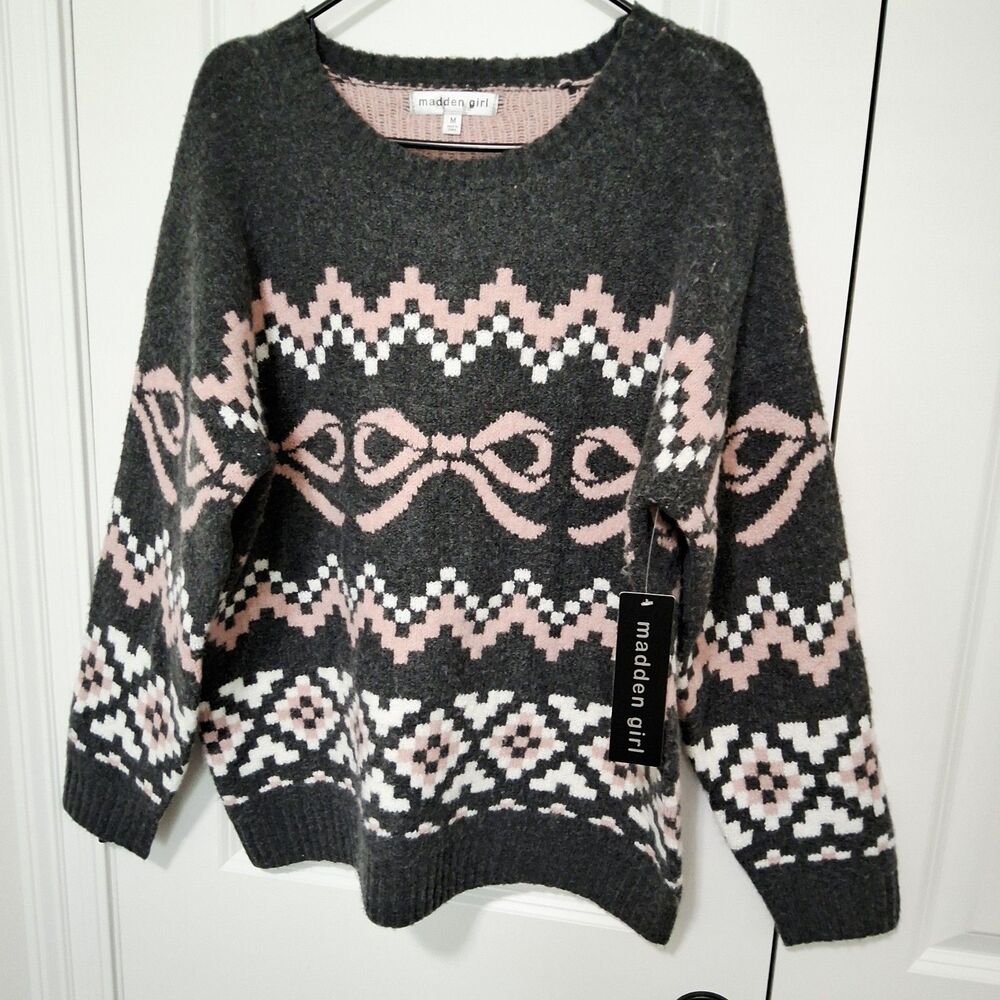 Madden Girl Put A Bow On It Sweater Charcoal Gray & Pink Size Medium New w/Tags